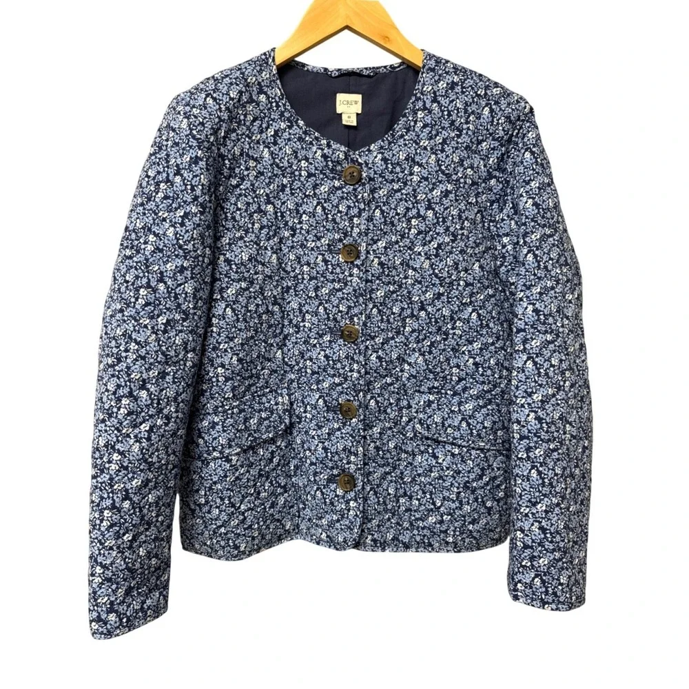 J.CREW Women Short Quilted‎ Cotton Blend Blue Floral Jacket Womens 8